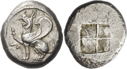Thrace, Abdera
Octodrachm circa 500-480, AR 29.95 g. Griffin seated l. with r. forepaw raised; to l., M. Rev. Quadripartite incuse square. ANMG II, 7...