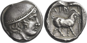 Aenus
Tetradrachm circa 410, AR 16.54 g. Head of Hermes r., wearing petasus with pelleted rim. Rev. AIN – I Goat walking r.; in r. field, kerykeion. ...
