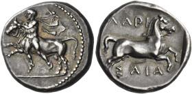 Larissa
Drachm circa 420-400, AR 6.16 g. Thessalos, wearing cloak and petasus, leaping l., both feet off the ground, holding a running bull by a band...