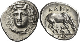 Larissa
Drachm circa 356-342, AR 6.10 g. Head of the nymph Larissa facing, turned slightly l., wearing ampyx, pendant earring, and simple necklace. R...