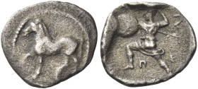 Pelinna
Obol mid V-early IV century BC, AR 0.82 g. Horse advancing l. Rev. Π – E – ΛI Warrior advancing l., holding shield and spear; all within an i...