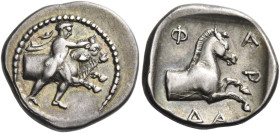 Pharkadon
Hemidrachm circa 440-400, AR 2.97 g. Thessalos, striding r., with cloak and petasus, using both hands to hold a band around the head of the...