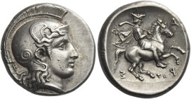 Pharsalus
Drachm, signed by the engraver Telephantos late V-mid IV century BC, AR 6.01 g. Head of Athena r., wearing crested Attic helmet with raised...