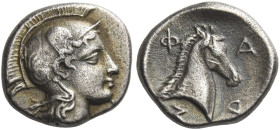 Pharsalus
Obol circa IV-III century BC, AR 0.95 g. Head of Athena r., wearing a crested Attic helmet with cheek pieces. Rev. Φ – Α / Ρ – Σ partially ...