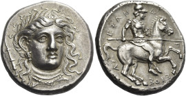Pherai
Alexander tyrant, 369-358. Stater circa 369-358, AR 12.07 g. Head of Ennodia facing, slightly r., wearing pearl diadem, grape-cluster earring ...