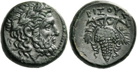 Rhizos
Trichalkon circa 352-344, Æ 7.94 g. Laureate head of Zeus r. Rev. ΡΙΖΟΥΣΙ[ΩΝ] Vine branch with bunch of grapes and two leaves; above grapes an...