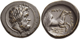 Thessalian League
Trichalkon circa 361-360, Æ 5.67 g. Head of Zeus r., wearing oak wreath. Rev. ΠΕΤΘ – ΑΛΩΝ Forepart of prancing horse r., emerging f...