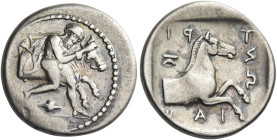 Trikka
Hemidrachm circa 440-400, AR 2.91 g. Thessalos, with petasus below his feet, striding r., holding a band in both his hands around the head of ...