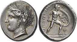 Locris, Locris Opuntii
Stater circa 350’s, AR 12.27 g. Head of Demeter l., wearing wreath of barley and reeds, triple-pendant earring and pearl neckl...