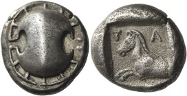 Boeotia, Tanagra
Stater circa 457-448, AR 11.74 g. Boeotian shield, rim divided into twelve compartments. Rev. T – A Forepart of horse l.; all within...