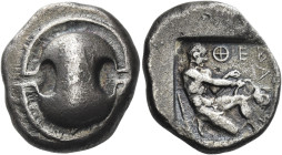 Thebes
Stater circa 450-440, AR 11.65 g. Boeotian shield. Rev. ΘΕΒΑ - ΙΟΝ Heracles kneeling r., stringing bow held in his r. hand; in l. field., club...