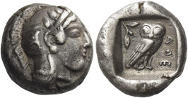 Attica, Athens
Drachm circa 470-460, AR 4.26 g. Head of Athena r., wearing crested Athenian helmet and disc earring; bowl ornamented with spiral and ...
