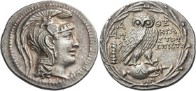 Attica, Athens
Tetradrachm Hera(kles), Aristoph-, and Epistr(atos), magistrates circa 136-135, AR 16.89 g. Head of Athena r., wearing necklace, penda...