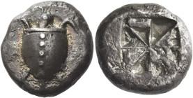 Islands off Attica, Aegina
Stater circa 530-510, AR 12.10 g. Sea turtle, with row of dots down its back. Rev. Deep incuse skew pattern. Dewing 1655. ...