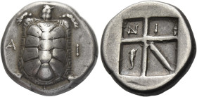 Islands off Attica, Aegina
Stater circa 350, AR 12.13 g. A – I Tortoise seen from above. Rev. Incuse square of five skew pattern; the two upper ones ...