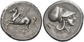 Corinthia, Corinth
Stater circa 375-300, AR 8.60 g. Pegasus flying l.; below, koppa. Rev. Helmeted head of Athena r.; in l. field, bucranium and N. R...
