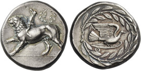 Sicyonia, Sicyon
Stater circa late 330s, AR 12.24 g. Chimera advancing l., with r. paw raised; above, wreath and beneath, ΣE. Rev. Dove flying r., in...