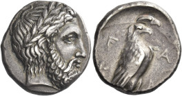 Elis, Olympia
Stater 344, 109th Olympiad, AR 11.96 g. Laureate head of Zeus r. Rev. F – A / K – PI Eagle, with closed wings, perched r. on Ionic colu...