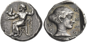Tegeia
Arcadian league. Hemidrachm circa 460-450, AR 3.03 g. Zeus Lykaios seated l. on low throne with swan's head at the top of the backrest, holdin...