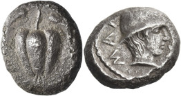 The Cyclades, Melos
Stater circa 425-415, AR 14.26 g. Apple with stem. Rev. MAΛ – [ION] Young male head r., wearing conical helmet (possibly one of t...