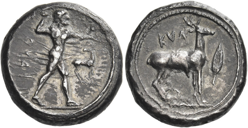 Caulonia
Nomos circa 475-425, AR 7.85 g. ΚΑVΛ retrograde Apollo, diademed, walk...