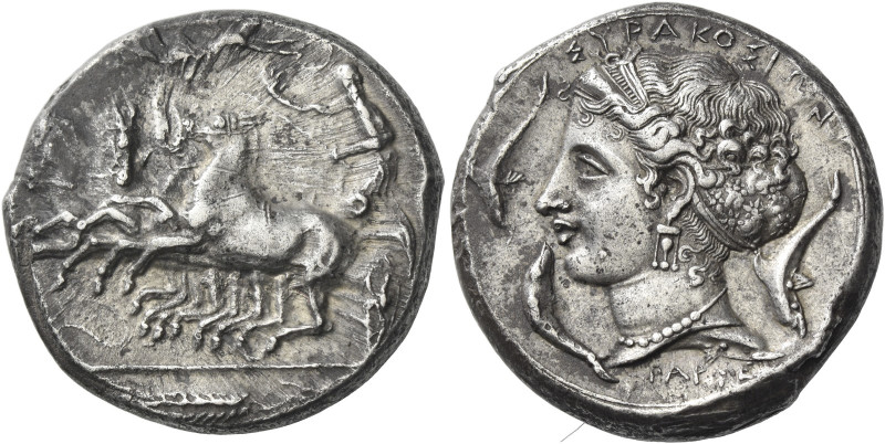 Syracuse
Tetradrachm signed by Parmenides circa 405-400, AR 17.16 g. Fast quadr...