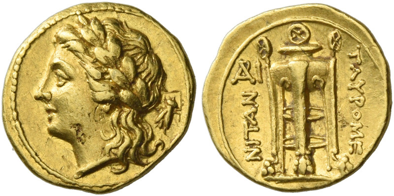 Tauromenium
Tetradrachm circa 214-212, AV 1.06 g. Laureate head of Apollo l.; b...