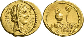 C. Cassius Longinus with Lentulus Spinther. Aureus, mint moving with Cassius (probably Smyrna) 43-42 BC, AV 8.00 g. C·CASSI·IMP – LEIBERTAS Diademed a...