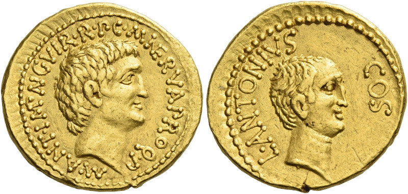 Marcus Antonius and Lucius Antonius with M. Cocceius Nerva. Aureus, mint moving ...