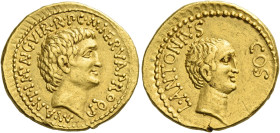 Marcus Antonius and Lucius Antonius with M. Cocceius Nerva. Aureus, mint moving with M. Antonius in the East 41 BC, AV 7.92 g. M·ANT·IMP·AVG VIR·R·P C...