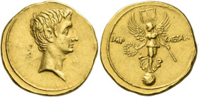 Octavian, 32 – 27
Aureus circa 29-27 BC, AV 7.80 g. Bare head r. Rev. IMP – CAESAR Victory standing facing on globe, head l., holding wreath and stan...