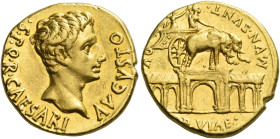 Octavian as Augustus, 27 BC – 14 AD
Aureus, Colonia Patricia circa 18-17 BC, AV 7.89 g. S P Q R CAESARI AVGVSTO Bare head r. Rev. QV –OD VIAE – MVN S...
