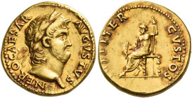 Nero augustus, 54 – 68
Aureus circa 64-65, AV 7.31 g. NERO CAESAR – AVGVSTVS Laureate head r. Rev. IVPPITER – CVSTOS Jupiter seated l. on throne, hol...
