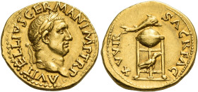Vitellius, April –December 69
Aureus late April 69-December 69, AV 7.32 g. A VITELLIVS GERMAN IMP TR P Laureate head r. Rev. XV VIR – SACR FAC Tripod...