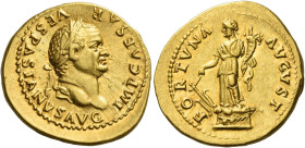Vespasian, 69 – 79
Aureus 74, AV 7.37 g. IMP CAESAR – VESPASIANVS AVG Laureate head r. Rev. FORTVNA – AVGVST Fortuna standing l. on garlanded altar d...