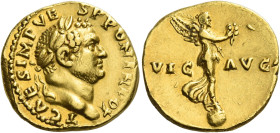 Titus caesar, 69 – 79
Aureus 72-73, AV 6.87 g. T CAES IMP VE – SP PON TR POT Laureate head r. Rev. VIC – AVG Victory standing r. on globe holding wre...