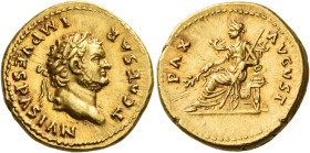 Titus caesar, 69 – 79
Aureus 75, AV 7.42 g. T CAESAR – IMP VESPASIAN Laureate head r. Rev. PAX – AVGVST Pax seated l., holding branch and sceptre. C ...