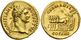 Domitian augustus, 81 – 96
Aureus 88, AV 7.71 g. DOMITIANVS – AVGVSTVS Laureate head r. Rev. GERMANICVS / COS XIIII Emperor in triumphal quadriga l.,...