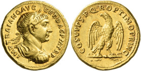 Trajan, 98 – 117
Aureus 107-108, AV 7.25 g. IMP TRAIANO AVG – GER DAC P M TR P Laureate, draped and cuirassed bust r. Rev. COS V P P S P Q R OPTIMO P...