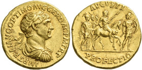 Trajan, 98 – 117
Aureus 114, AV 7.14 g. IMP TRAIANO OPTIMO AVG GER DAC P M TR P Laureate, draped and cuirassed bust r. Rev. AVGVSTI Trajan on horseba...