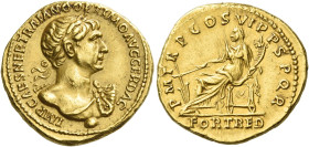 Trajan, 98 – 117
Aureus 114-116, AV 7.25 g. IMP CAES NER TRAIANO OPTIMO AVG GER DAC Laureate bust r. with strap over chest and aegis; below, globe. R...
