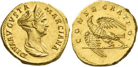 Marciana, sister of Trajan
Aureus 112 or 114, AV 7.50 g. DIVA AVGVSTA – MARCIANA Draped bust r., hair elaborately dressed, above which crescent-shape...