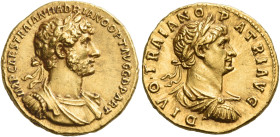Hadrian augustus, 117 – 138
Aureus 117, AV 7.32 g. IMP CAES TRAIAN HADRIANO OPT AVG G D PART Laureate and cuirassed bust of Hadrian r., with drapery ...