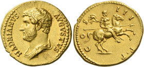 Hadrian augustus, 117 – 138
Aureus circa 129-130, AV 7.03 g. HADRIANVS – AVGVSTVS Bare-headed and draped bust l. Rev. CO – S – III – P P Hadrian on h...