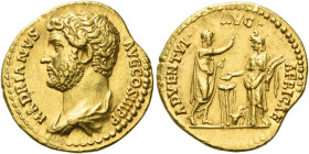 Hadrian augustus, 117 – 138
Aureus 130-133, AV 6.80 g. HADRIANVS – AVG COS III P P Bare-headed and draped bust l. Rev. ADVENTVI – AVG – AFRICAE Hadri...
