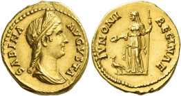 Sabina, wife of Hadrian
Aureus 126-137, AV 7.19 g. SABINA – AVGVSTA Diademed and draped bust r., hair in long plait behind neck. Rev. IVNONI – REGINA...