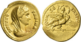 Sabina, wife of Hadrian
Diva Sabina. Aureus 138, AV 7.14 g. DIVA AVG – SABINA Veiled and wreathed bust r. Rev. CON – SE – CRATIO Sabina riding eagle ...