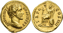 Antoninus Pius augustus, 138 – 161
Aureus 145-161, AV 7.54 g. ANTONINVS AVG PIVS P P Bare-headed and cuirassed bust r. Rev. TR PO – T – COS IIII Roma...
