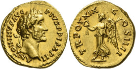 Antoninus Pius augustus, 138 – 161
Aureus 155-156, AV 7.09 g. ANTONINVS AVG – PIVS P P IMP II Laureate head r. Rev. TR POT XIX – COS IIII Victory adv...