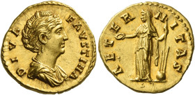 Faustina I, wife of Antoninus Pius
Diva Faustina. Aureus after 141, AV 7.29 g. DIVA – FAVSTINA Draped bust r., hair waved and coiled on top of head. ...